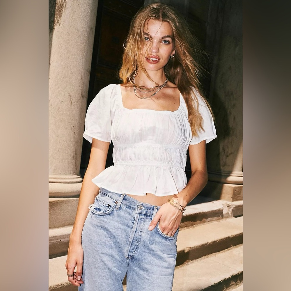 Free People White Puff Sleeve Smocked Peplum Top